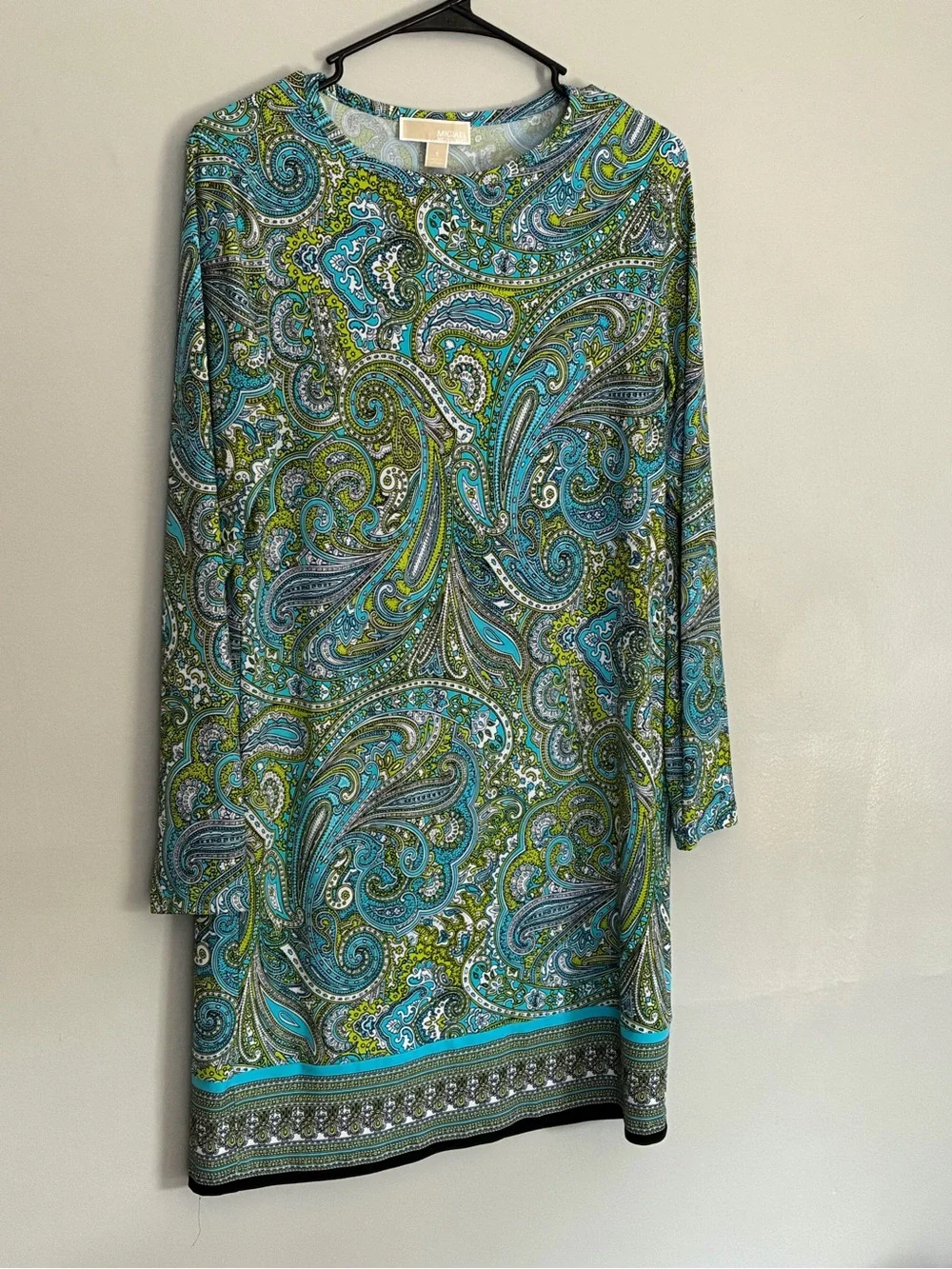 Michael Kors Teal & Green Paisley Long Sleeve Shift Dress women’s small